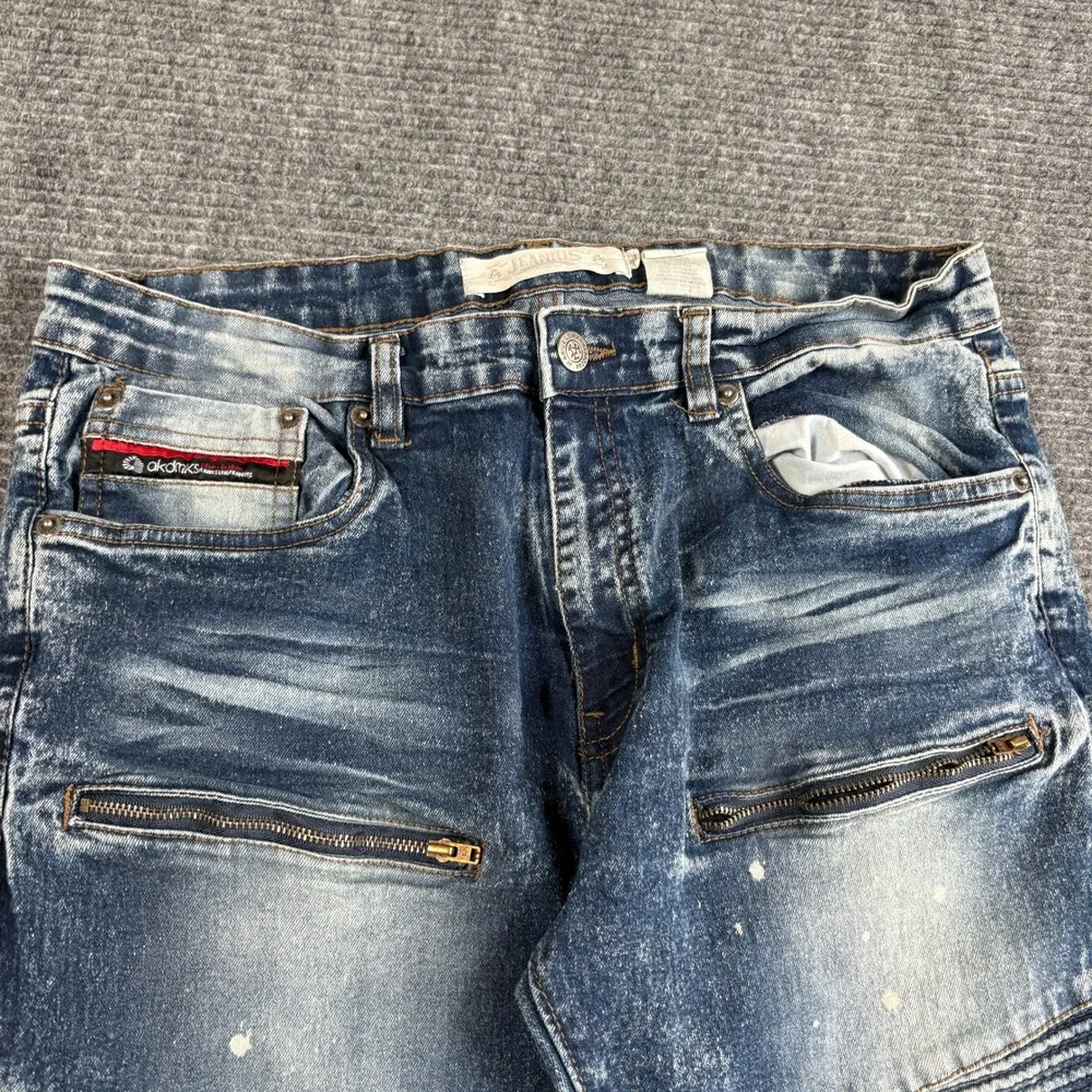 Jeanius Mens 36x32 Moto Biker Jeans Blue Acid Wash Paint Splatter Slim Denim
